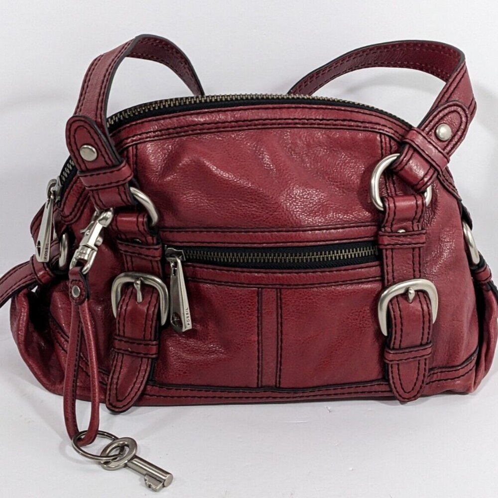 FOSSIL FIFTY-FOUR Red Heavy Leather Soft AVA Domed Satchel Bag Purse